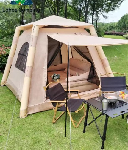 4 person waterproof air tent fully inflated in a beautiful glamping site.