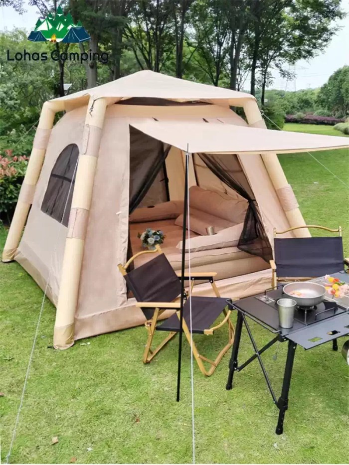 4 person waterproof air tent fully inflated in a beautiful glamping site.