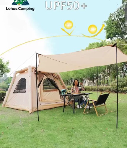 4 person waterproof air tent fully inflated in a beautiful glamping site.