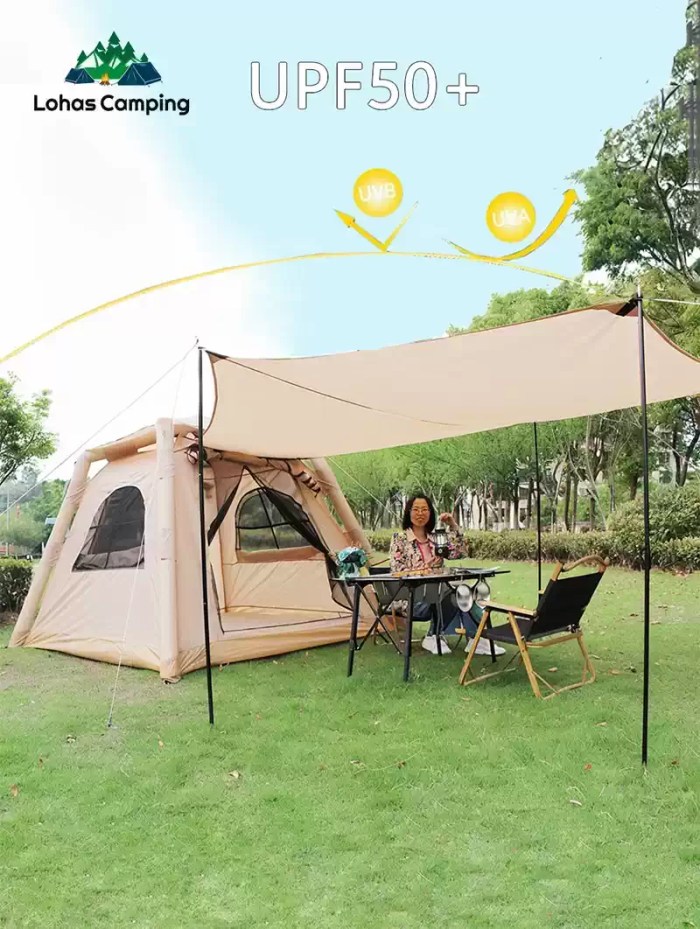 4 person waterproof air tent fully inflated in a beautiful glamping site.