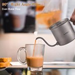 Precision-pour titanium coffee kettle showing the thin gooseneck spout for drip coffee on a UK camping trip.