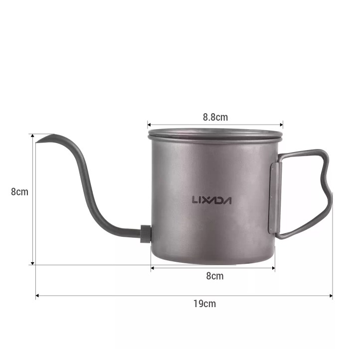 400ML TITANIUM GOOSENECK KETTLE_5 Compact 400ml outdoor kettle demonstrating its small footprint for motorhome kitchenettes and rucksacks.