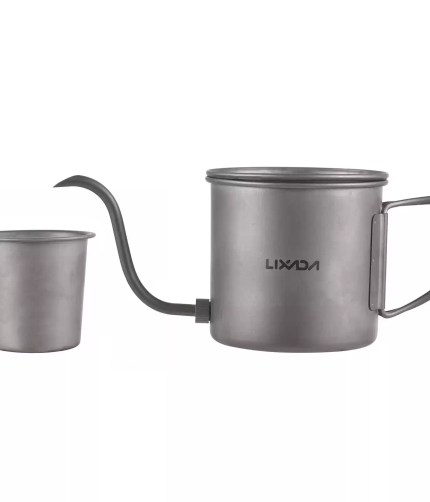Ultra-lightweight 400ml titanium gooseneck kettle with a sleek grey finish for UK caravan coffee brewing.