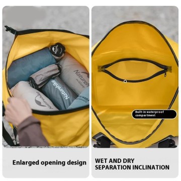 Waterproof camping duffel bag with wide opening and wet–dry compartment