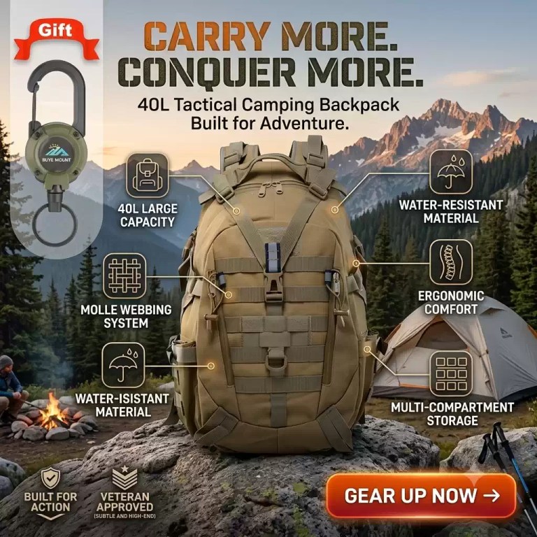 40L tactical camping backpack featuring water-resistant material and ergonomic comfort.