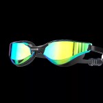 A pair of all-black YLKJSWIM racing swim goggles with green and yellow mirrored lenses against a black background.