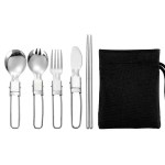 5pcs stainless steel travel cutlery set inside a black mesh bag.