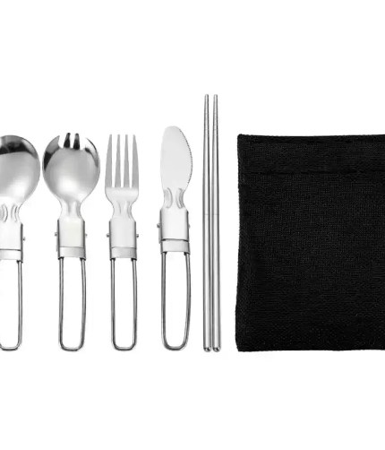 5pcs stainless steel travel cutlery set inside a black mesh bag.