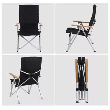 Adjustable folding camping chair shown from multiple angles and folded view