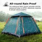 Double layer waterproof tent shedding heavy rain during outdoor camping.