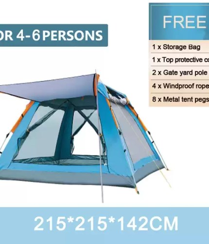 Hands-free automatic tent mechanism popping up at a campsite