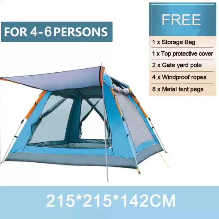 Hands-free automatic tent mechanism popping up at a campsite