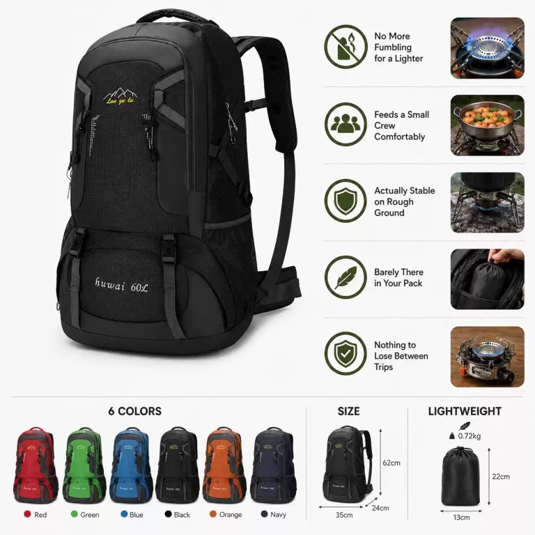 A 60L black hiking backpack with color options, size dimensions, and camp stove features displayed on the side.
