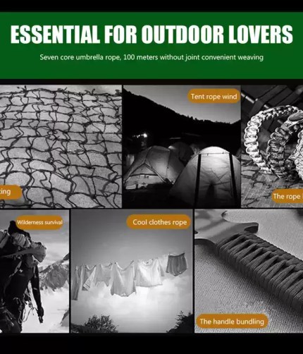 A 15m length of 550 paracord coiled next to a camping compass and travel bag.