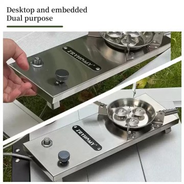 Portable camping gas stove with dual-purpose desktop and embedded design, compact stainless steel burner for outdoor cooking and camping use.