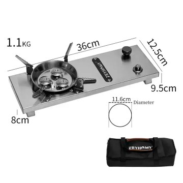 Lightweight portable camping gas stove with compact dimensions and carry bag, stainless steel burner ideal for outdoor cooking and camping use.