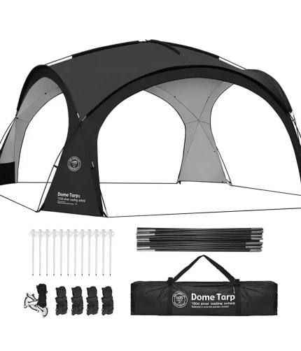 8+ people enjoying a picnic under a large waterproof outdoor canopy.