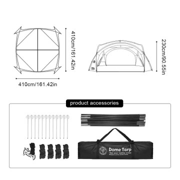 8 person dome camping tent dimensions and accessories including poles, stakes, ropes, and carry bag.