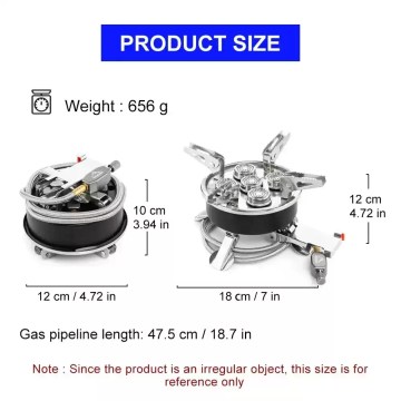Portable camping gas stove dimensions for outdoor cooking and hiking.