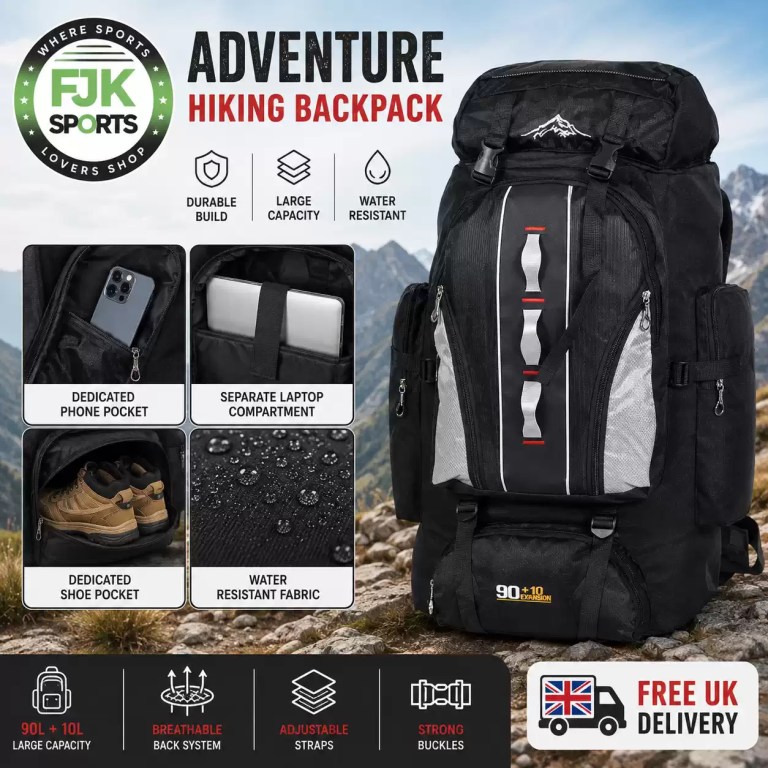 A black 90L+10L adventure hiking backpack with specialized compartments for shoes, phones, and laptops.