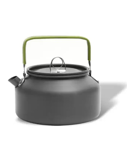 An aluminum camping kettle sitting on a picnic table next to a fishing rod and tackle box.