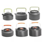 A range of aluminum alloy portable outdoor camping kettles shown in various sizes from 0.8L to 2.5L.