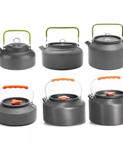 A range of aluminum alloy portable outdoor camping kettles shown in various sizes from 0.8L to 2.5L.