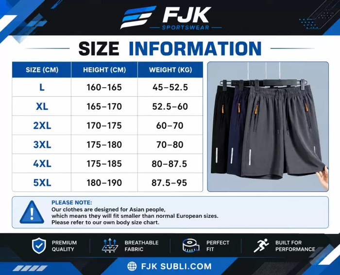 Athletic Shorts Size Information Size chart mapping sizes L through 5XL to height and weight ranges, with a note regarding Asian sizing standards.