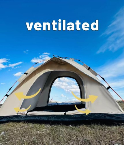 Rainproof 4 person tent shedding water during a rainy outdoor camping trip.