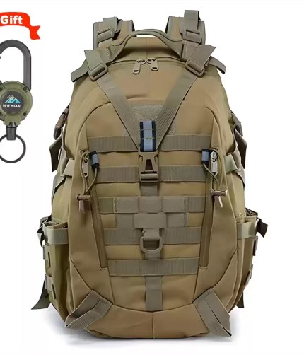 40L tactical camping backpack in black showing the Molle webbing and reflective strips.