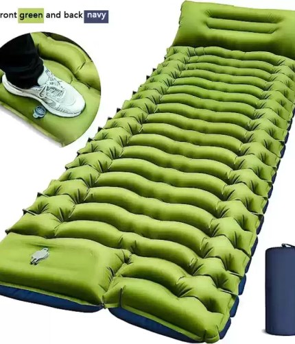 Green inflatable camping sleeping pad with built-in pillow and pump