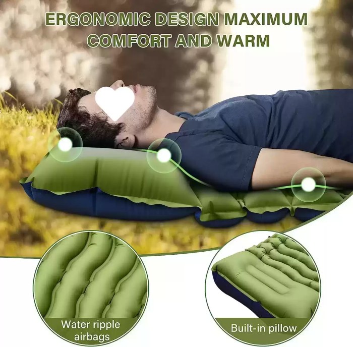 Man resting on inflatable camping mattress with ergonomic built-in pillow