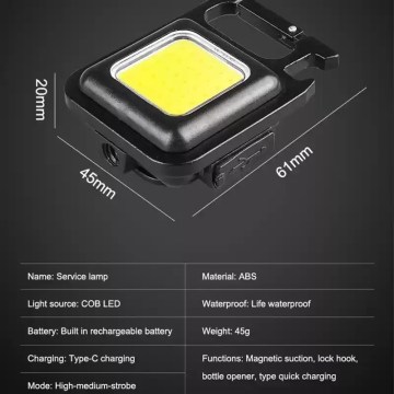 Mini COB keychain flashlight with three light modes: high, medium and strobe