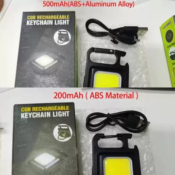 COB rechargeable keychain torch in 500mAh aluminium alloy and 200mAh ABS options