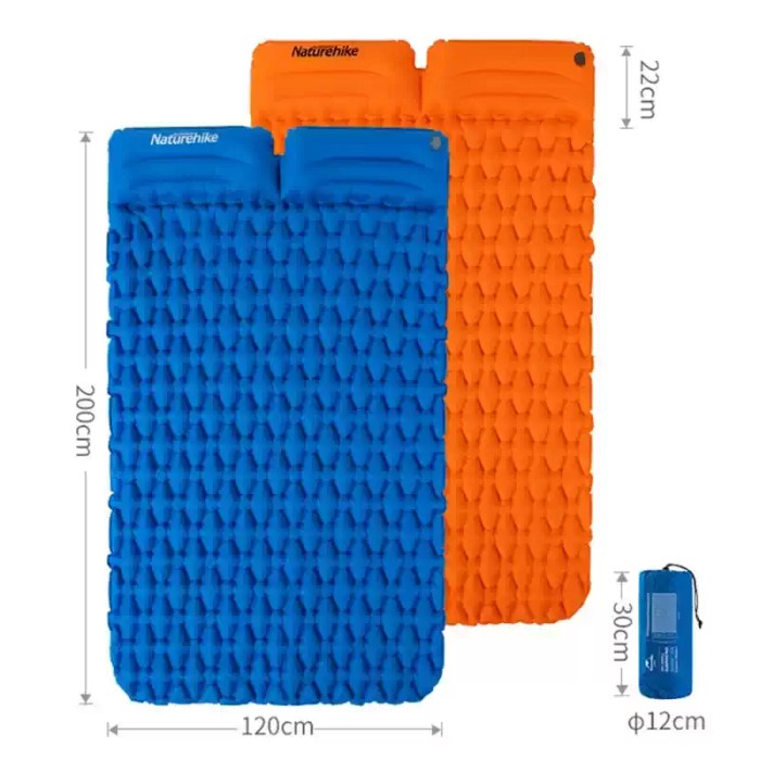 Alt Text: Blue 2 person camping sleeping pad fitting perfectly inside a lightweight hiking tent for a comfortable night's sleep.