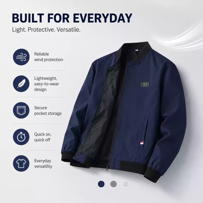 Versatile, lightweight windbreaker jacket featuring secure storage and reliable wind protection.