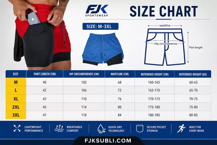 FJK Camping Gear size chart for two-in-one athletic shorts, showing pant length, hip, and waist measurements for sizes M to 3XL.