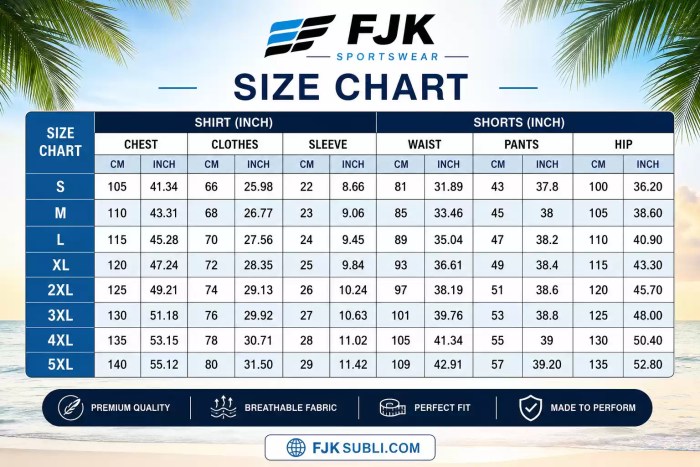 Detailed size chart featuring measurements in centimeters and inches for shirts (chest, clothes, sleeve) and shorts (waist, pants, hip) ranging from sizes S to 5XL.