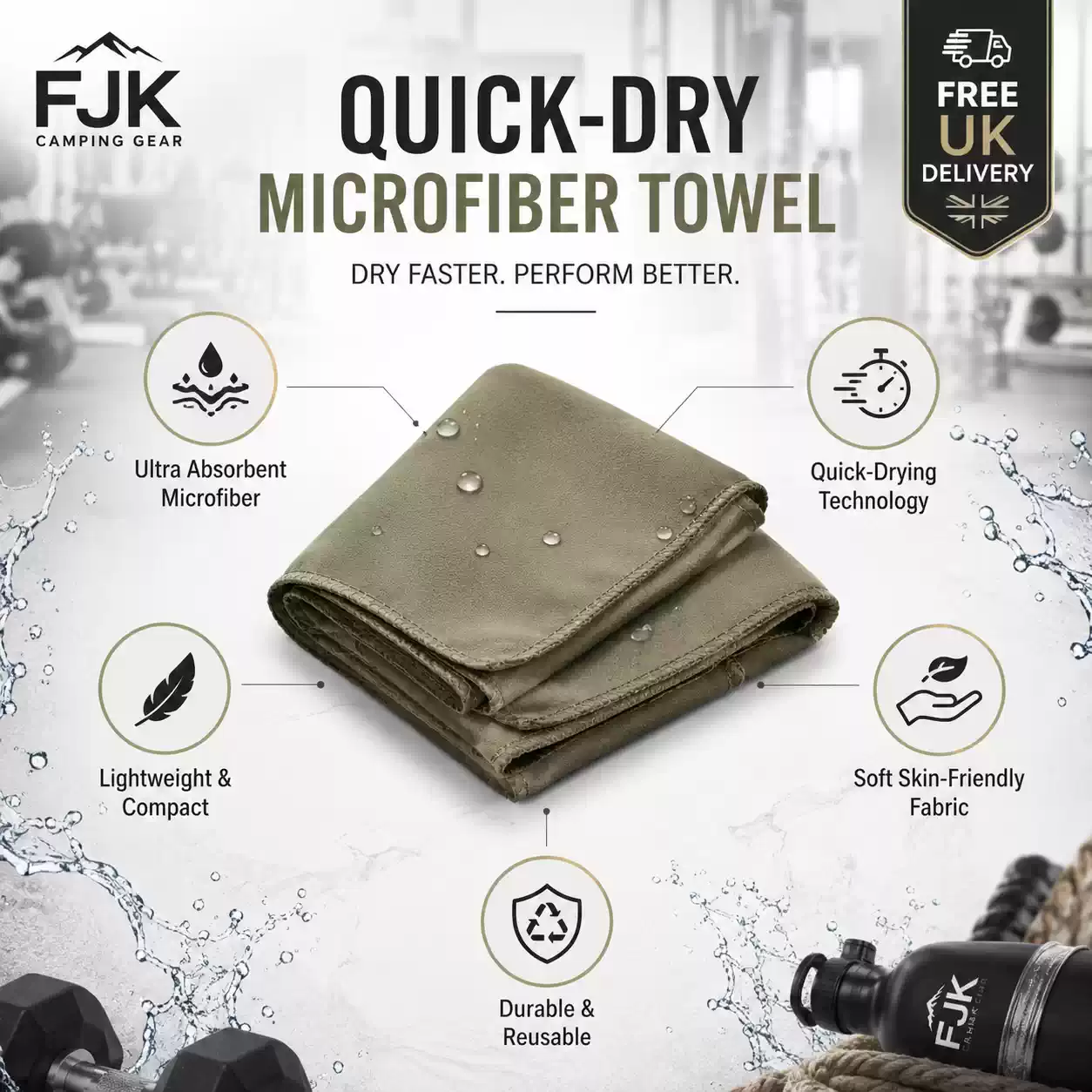 Olive quick-dry microfibre towel with absorbent, lightweight and reusable fabric