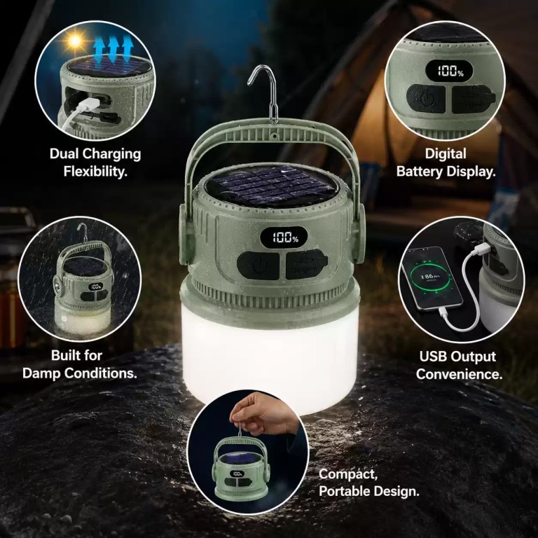 Solar rechargeable camping lantern featuring dual charging flexibility, digital battery display, USB output for device charging, and water-resistant build for damp outdoor conditions.
