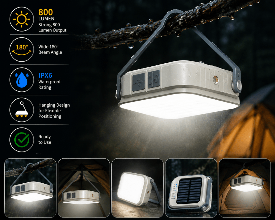 800 lumen solar camping lantern featuring a wide 180-degree beam angle, IPX6 waterproof rating, solar panel charging, and flexible hanging design for outdoor use.
