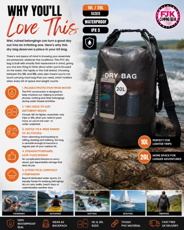 Waterproof PVC dry bag in 10L and 20L sizes