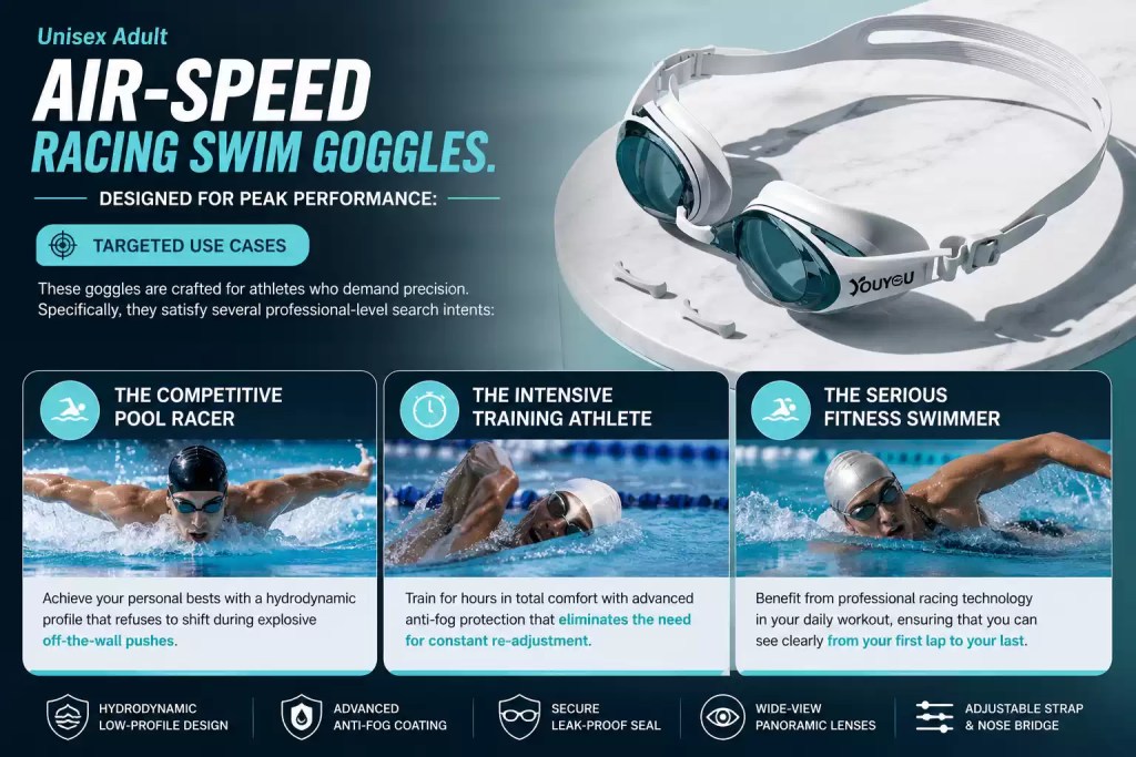 A pair of white Youyu Air-Speed racing swim goggles with clear blue lenses on a marble surface. The graphic highlights targeted use cases with photos of athletes swimming laps, alongside key product performance features at the bottom.