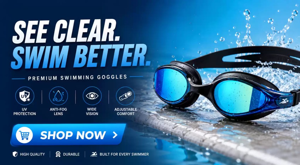 A pair of black swimming goggles with blue mirrored lenses resting by the edge of a pool with water splashing behind them. Text icons highlight features like UV protection, anti-fog lenses, wide vision, and adjustable comfort.