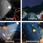 Four usage scenarios for the super bright mini COB keychain flashlight including cycling on a bicycle handlebar, outdoor camping near a tent, working under a car hood, and attached to a backpack during backpacking.