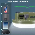 An olive green MOS-13 camping light showing a USB dual interface for charging and discharging multiple devices like phones, speakers, tablets, and gaming consoles, alongside a power display and switch.
