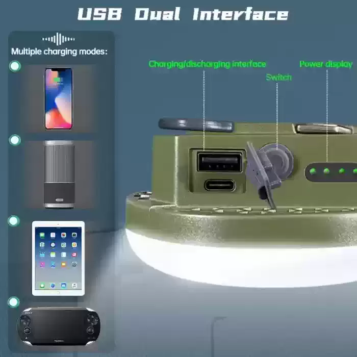 MOS-13 LED Camping Light USB Dual Interface and Power Display An olive green MOS-13 camping light showing a USB dual interface for charging and discharging multiple devices like phones, speakers, tablets, and gaming consoles, alongside a power display and switch.