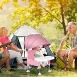 Portable baby folding chair with safety belt and alloy frame.