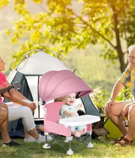 Portable baby folding chair with safety belt and alloy frame.