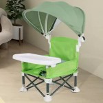 Portable baby folding chair with safety belt and alloy frame.